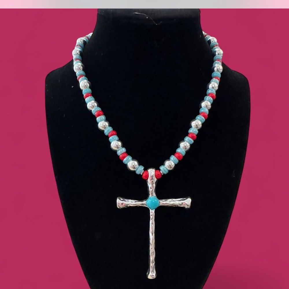 Silver and Turquoise Beaded Cross Necklace